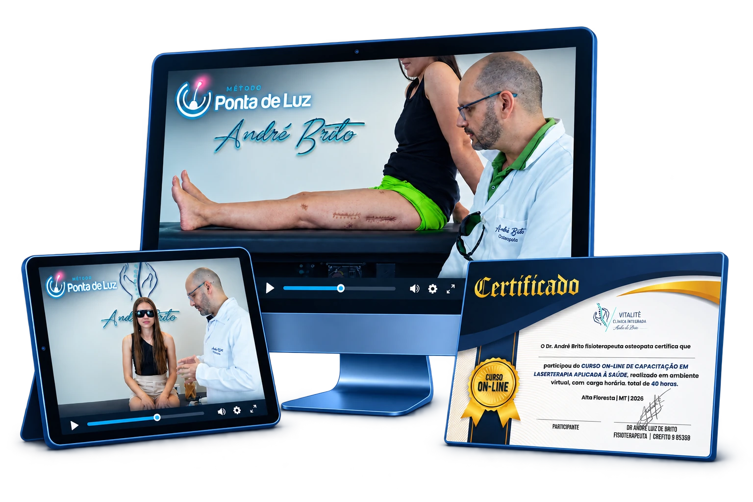 Mockup do Método Ponta de Luz em um monitor e um tablet, acompanhado do certificado de 40 horas.