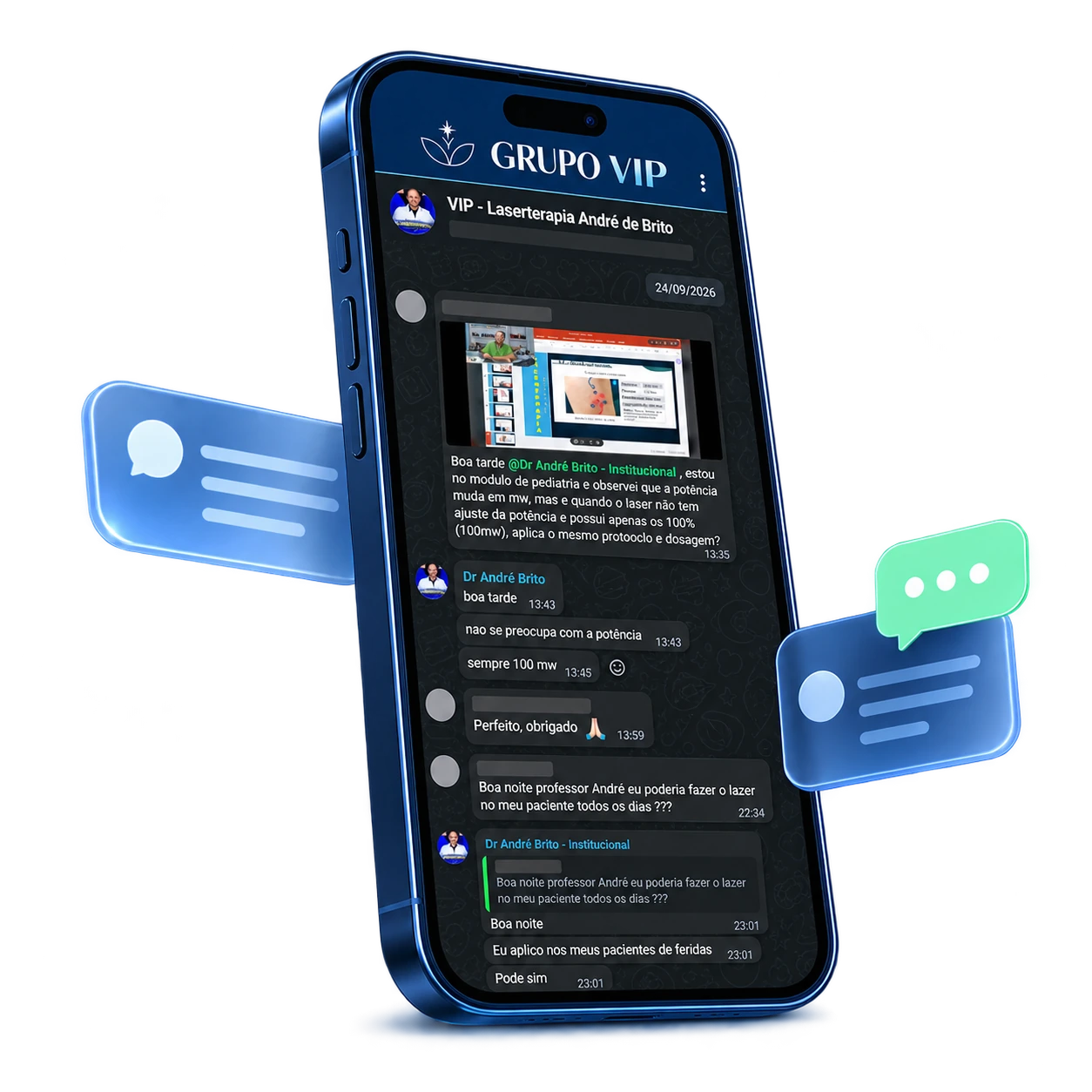 Mockup do grupo VIP com a conversa enviada pelo usuário, adaptada à tela e com dados pessoais ocultos.