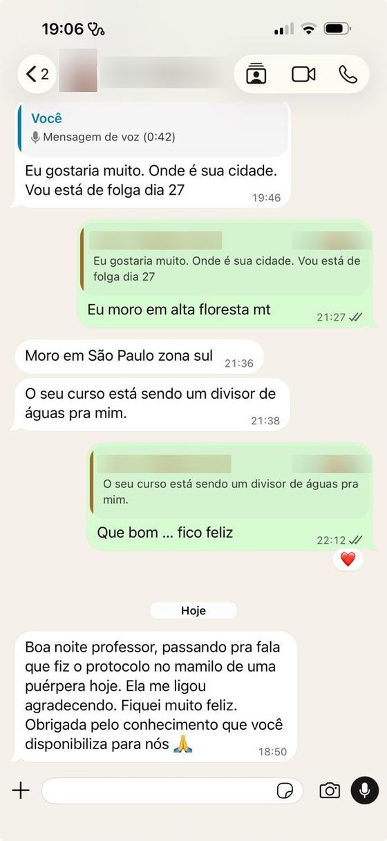 Print de conversa no WhatsApp: aluna relata a aplica&ccedil;&atilde;o do protocolo e o retorno da paciente